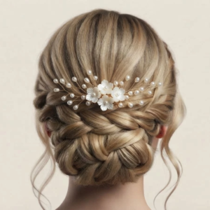 Vue de dos d'une coiffure de mariée élégante sur cheveux blonds avec un chignon tressé, sublimée par une petite barrette de mariage IdeaLisa ornée de délicates fleurs nacrées et de perles nacrées.