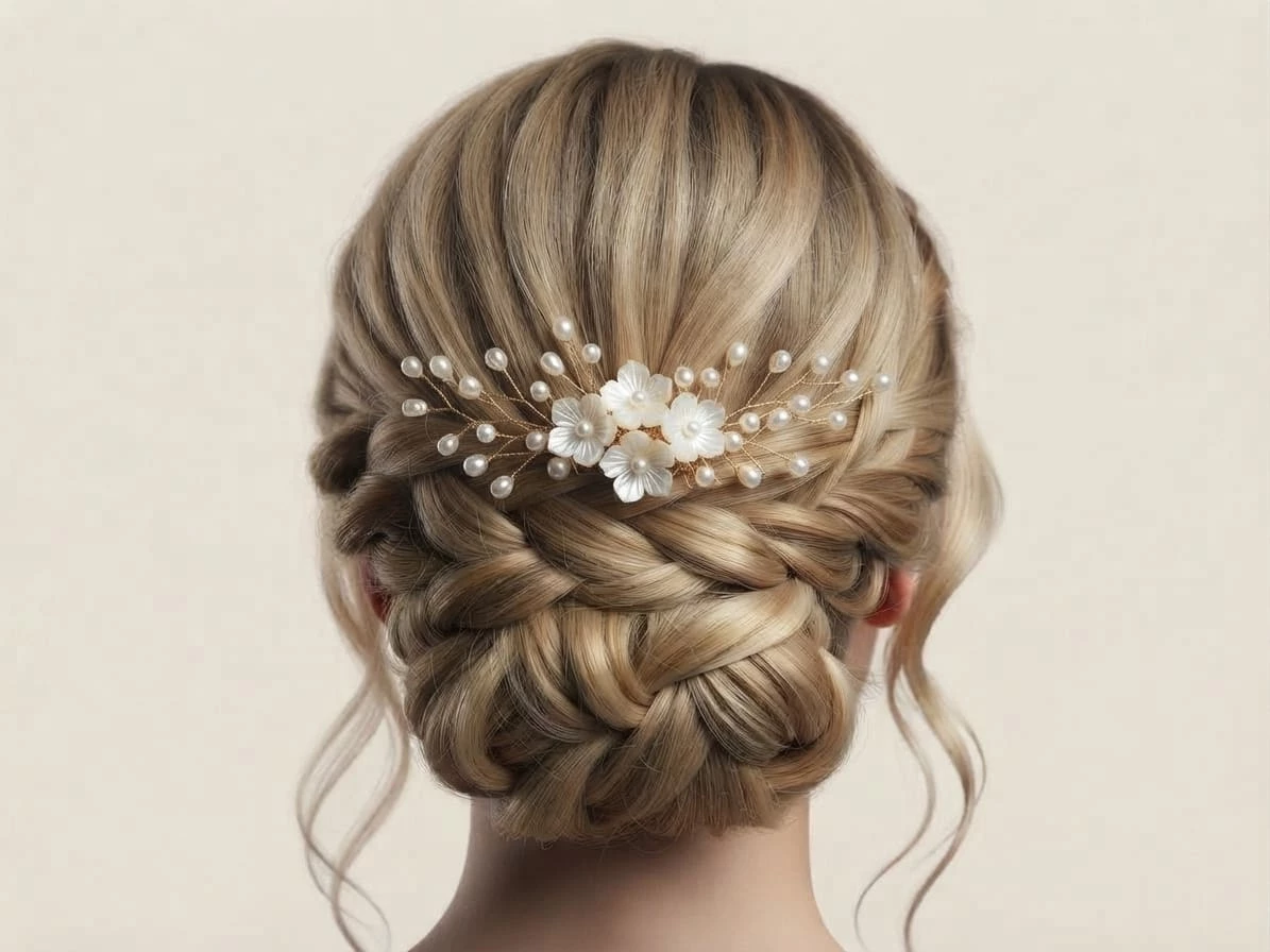petite-barrette-cheveux-fleurs-nacre-mariage Vue de dos d'une coiffure de mariée élégante sur cheveux blonds avec un chignon tressé, sublimée par une petite barrette de mariage IdeaLisa ornée de délicates fleurs nacrées et de perles nacrées.