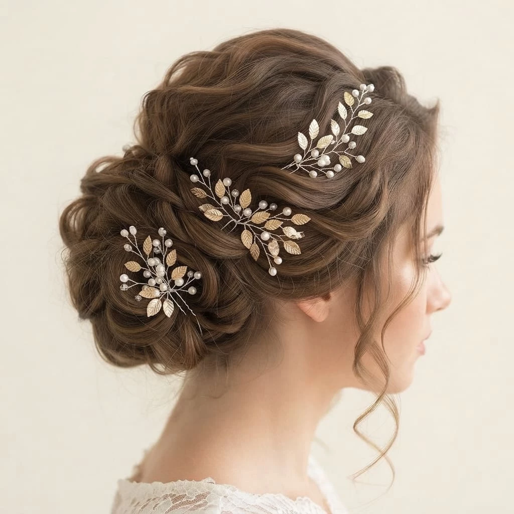 pics-cheveux-mariage-feuilles-dorees-perles Vue de profil d'une coiffure de mariée élégante sur cheveux châtains avec un chignon texturé, orné de trois pics à cheveux dorés en forme de feuilles et de perles nacrées IdeaLisa.