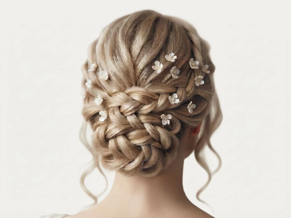 pics-cheveux-mariage-fleurs-nacre Vue de dos d'une coiffure de mariée sophistiquée sur cheveux blonds avec tresses et chignon tressé, agrémentée de multiples petits pics à cheveux de mariage IdeaLisa en forme de fleurs nacrées.